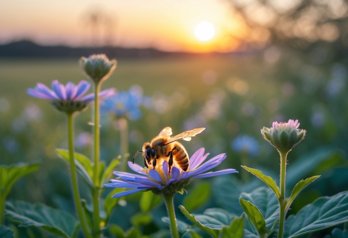 A honeybee resting on a flower at sunset in a meadow.