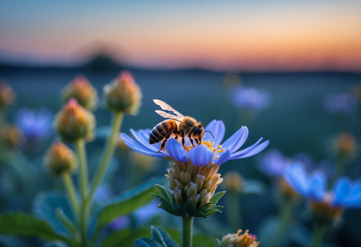 A honeybee resting on a flower at dusk with a colorful sky in the background.