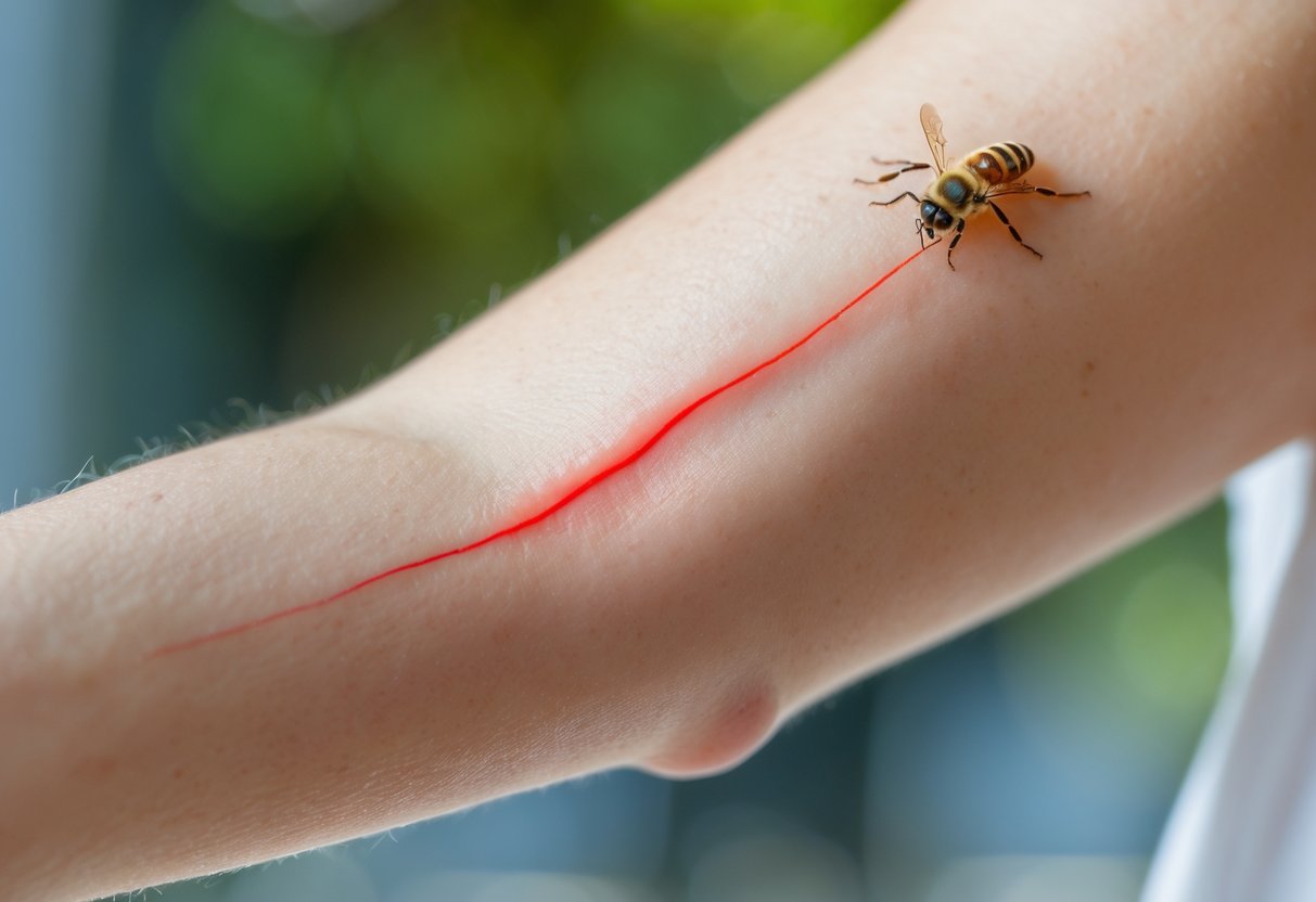 Close-up of a human arm with a bee sting and a red line extending from the sting site.