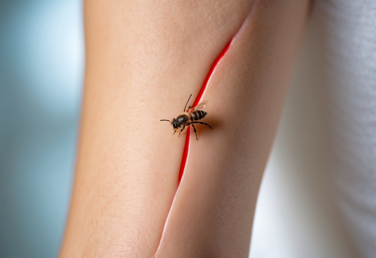 Close-up of a person's forearm showing a red line extending from a bee sting site with slight swelling around it.