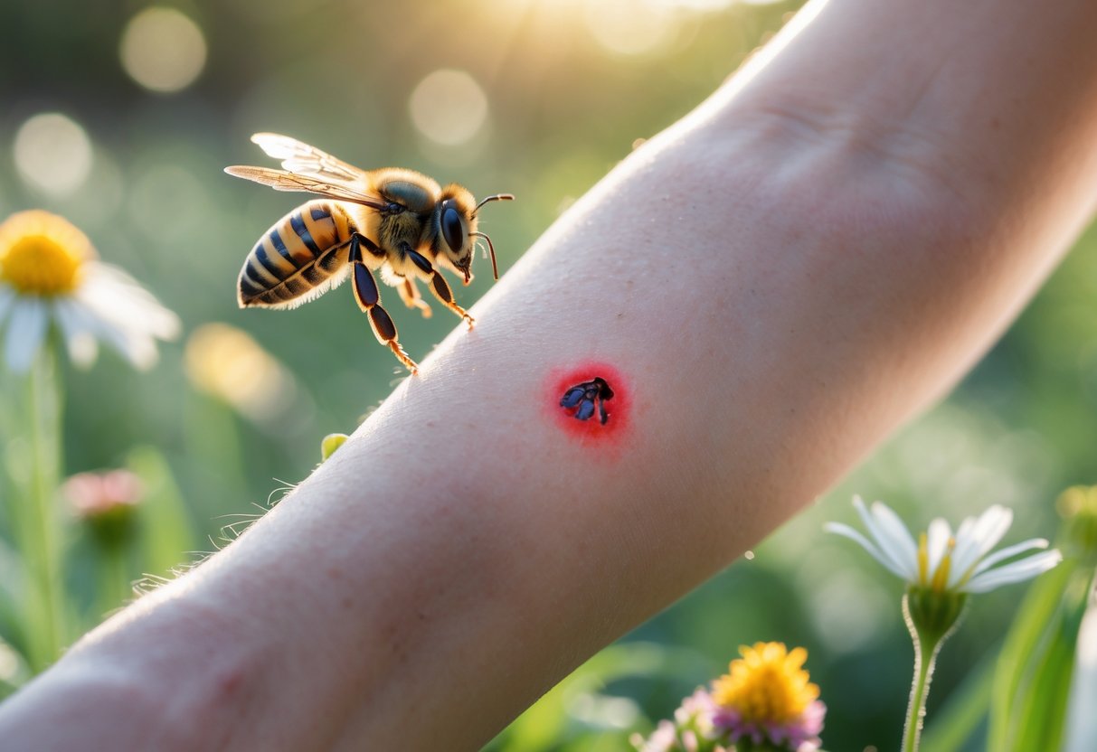 Close-up of a person's arm showing a red bee sting mark with a bee on a flower nearby.