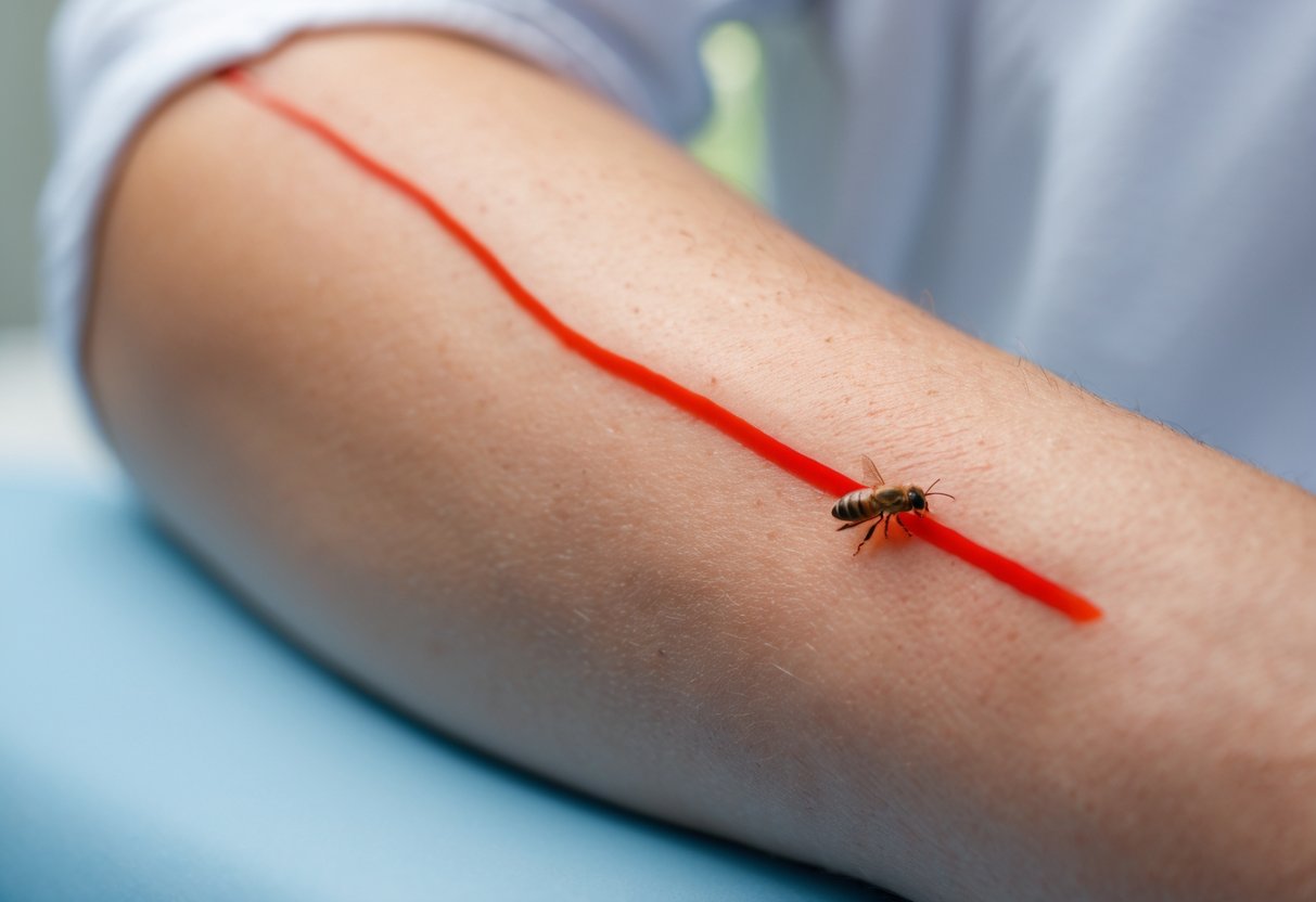 Close-up of a forearm with a red streak extending from a bee sting site.