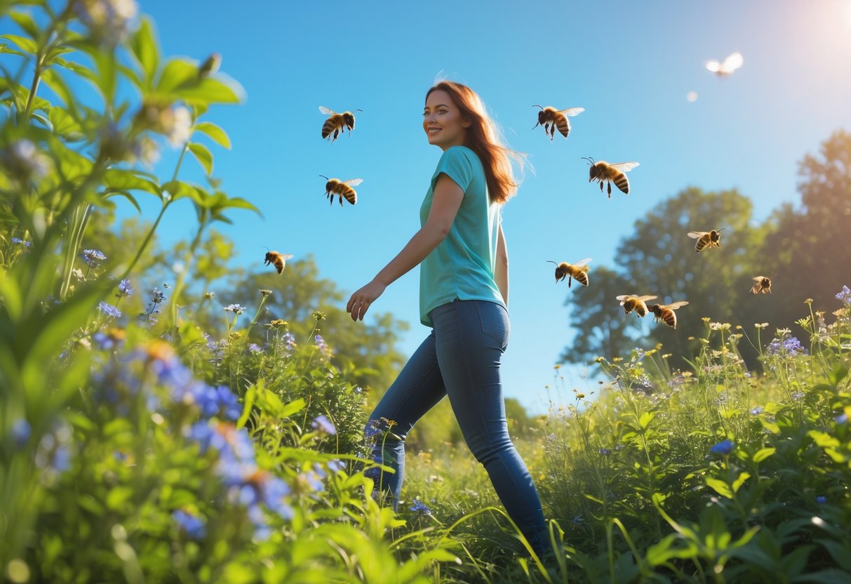 A person walking through a meadow with wildflowers while several bees fly nearby.
