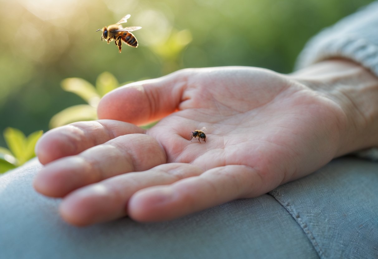 A close-up of a person's hand with a red bee sting and a bee flying nearby outdoors.