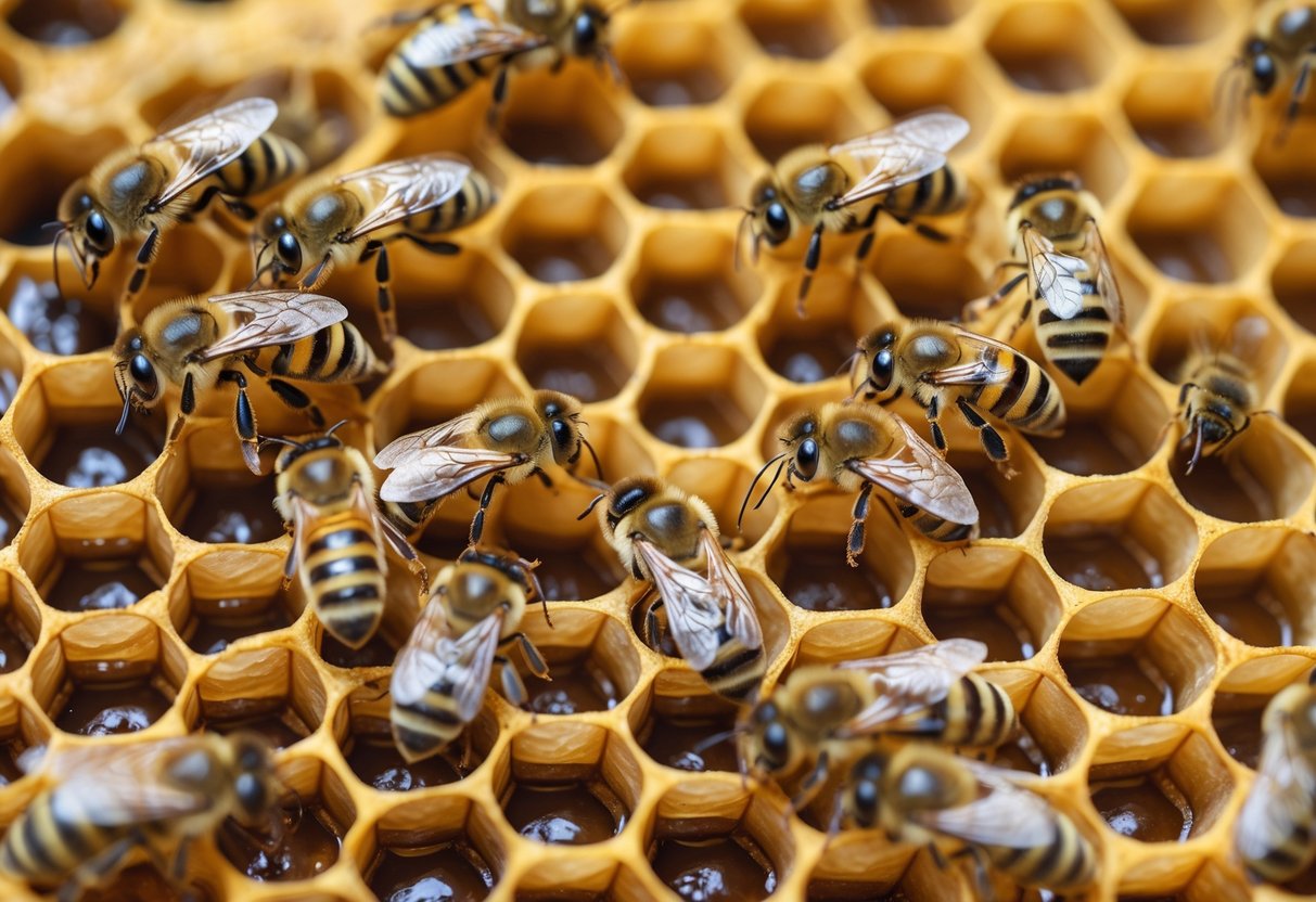 Close-up of worker bees inside a honeycomb with an empty queen cell, showing bees attending the hive after the queen bee's death.