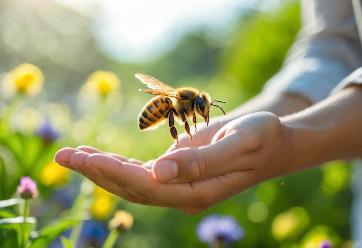 A person outdoors holding out their hand while a bee hovers nearby in a garden.