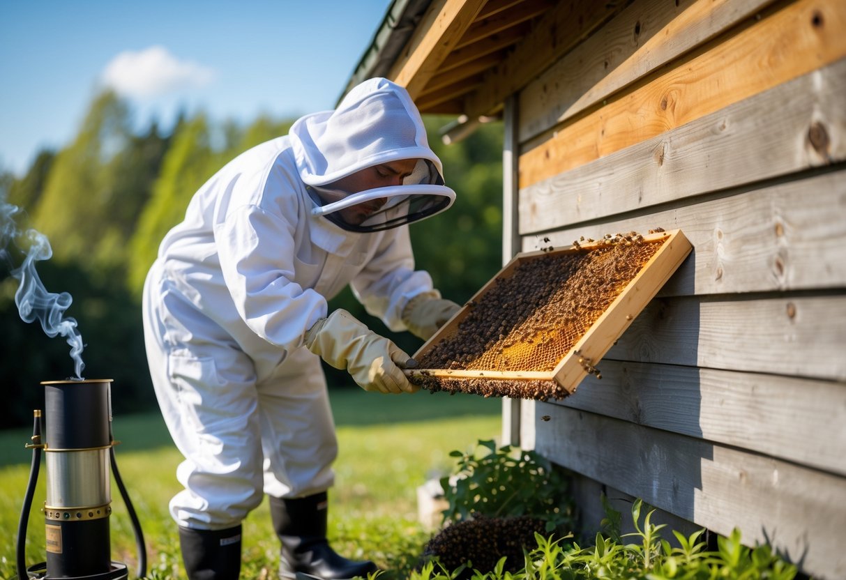Person in protective beekeeping suit removing a beehive from the corner of a wooden house using specialized tools outdoors.