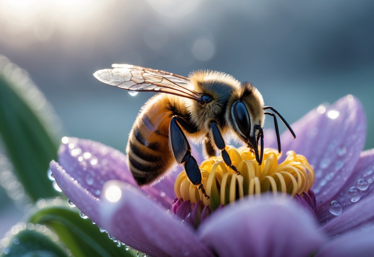 A honeybee resting on a flower petal with dew drops in cold weather, unable to fly.