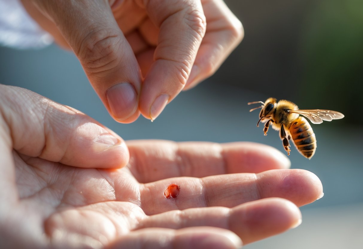 A person looking at a small red mark on their hand with a bee flying nearby.