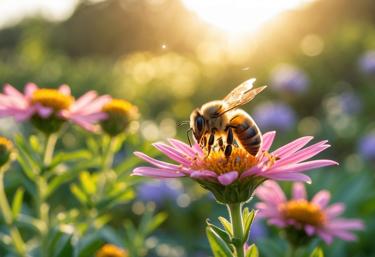 A honeybee collecting nectar from a flower in a sunlit garden during early morning.