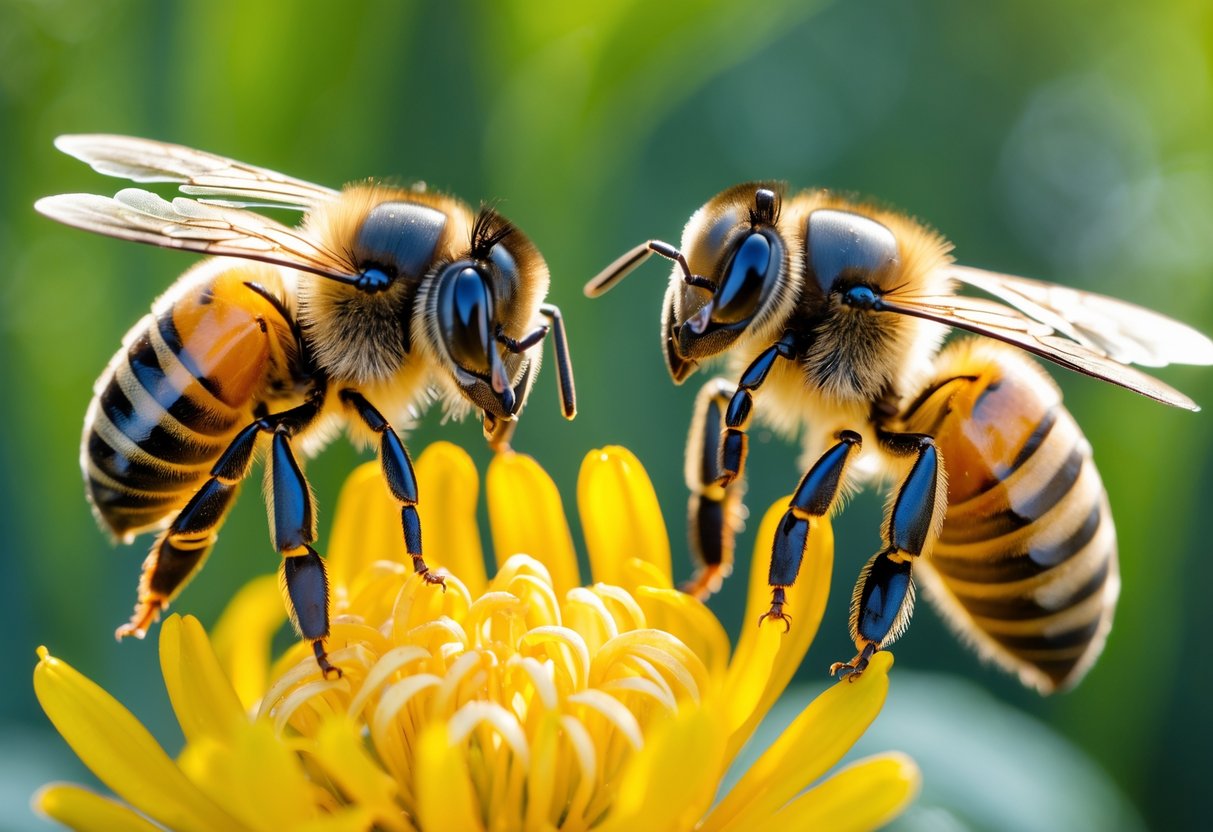 Close-up of a female honey bee and a male honey bee on a yellow flower, showing their physical differences.