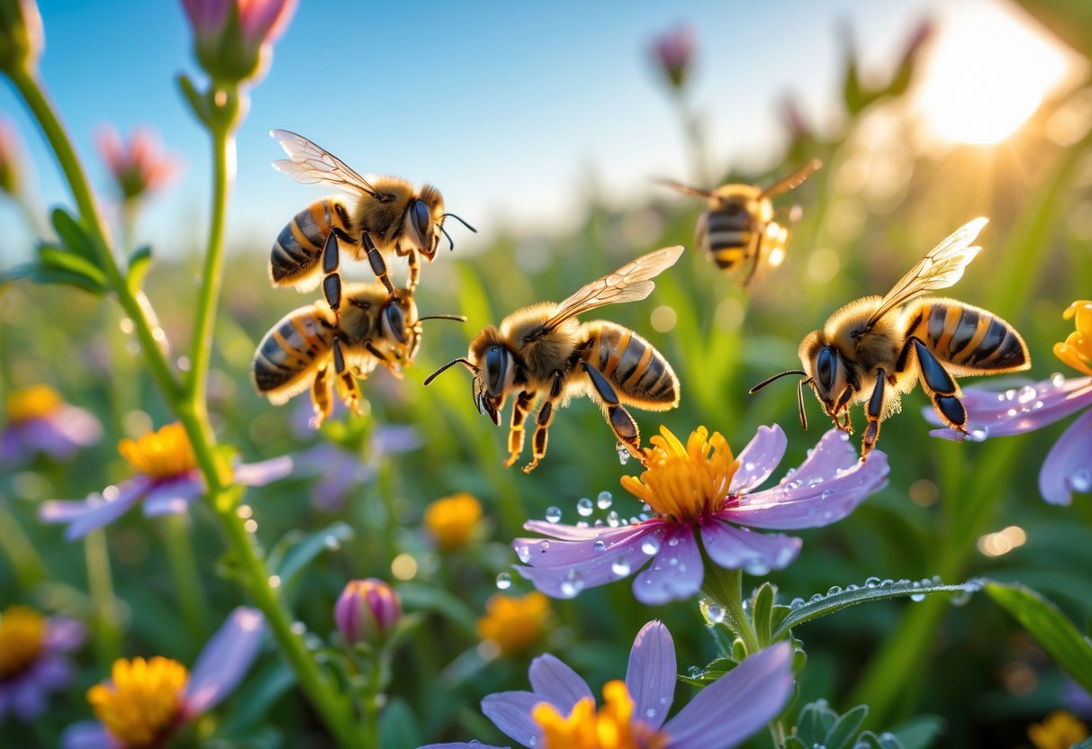 Close-up of bees collecting nectar from flowers in a garden during early morning.