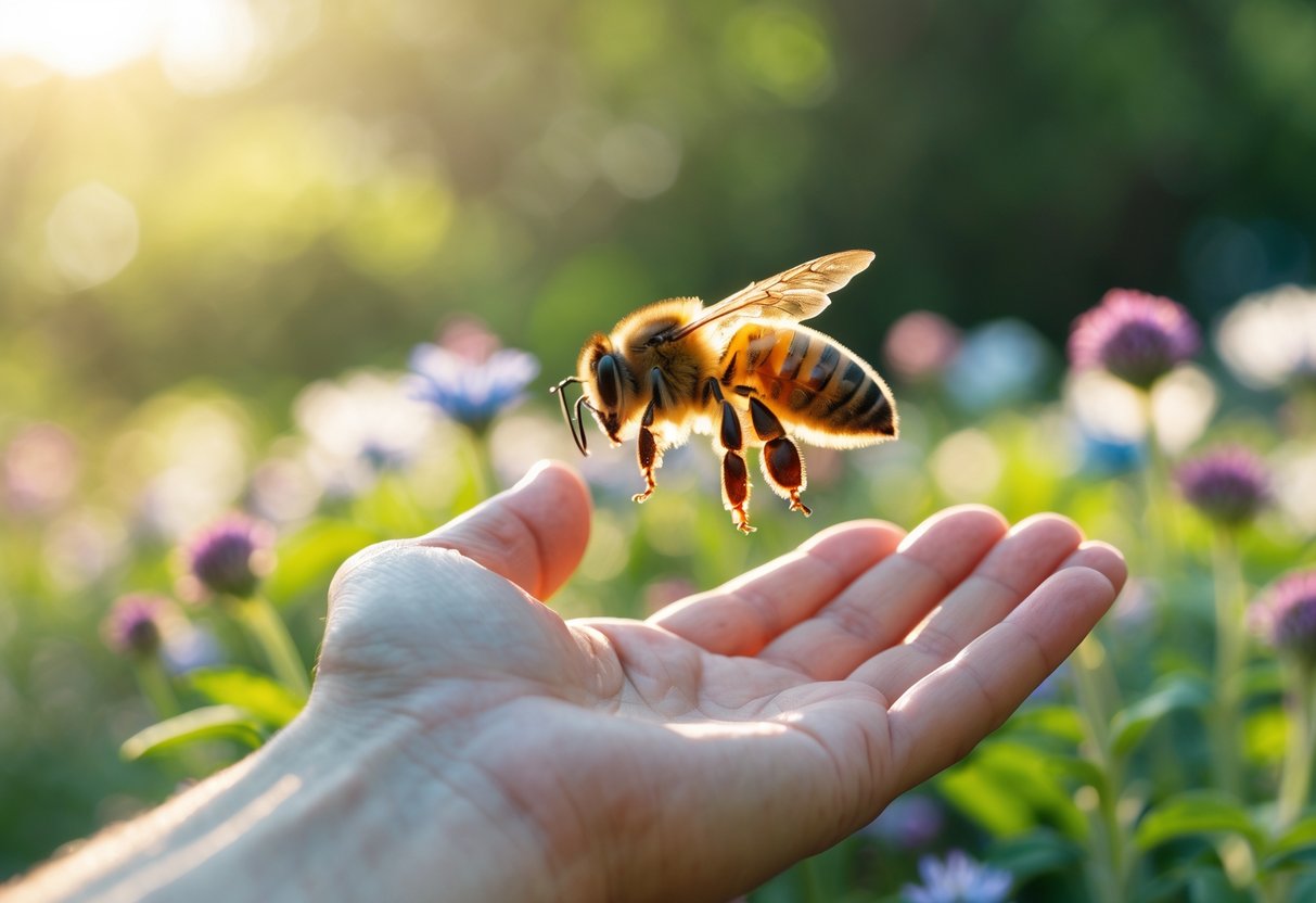 A honeybee landing on a person's hand surrounded by blooming flowers in a garden.