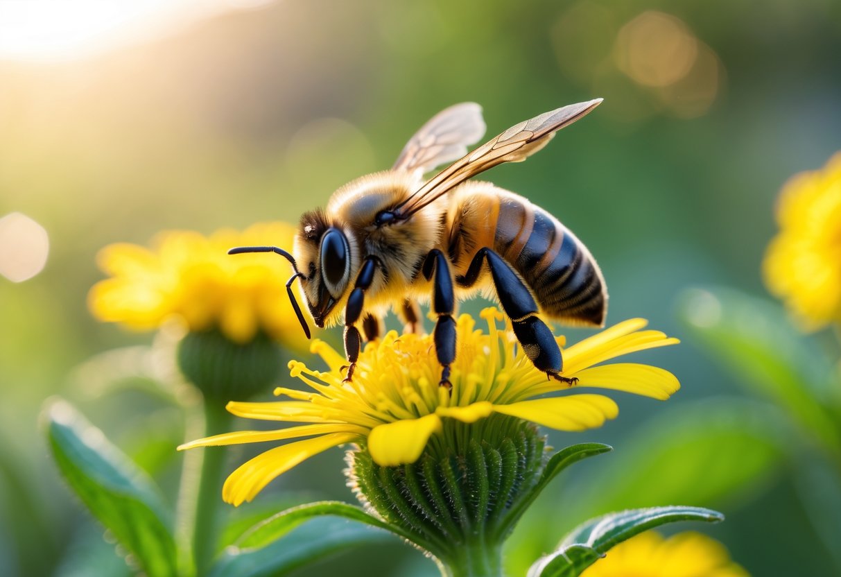 A honeybee sitting on a yellow flower with green foliage in the background.