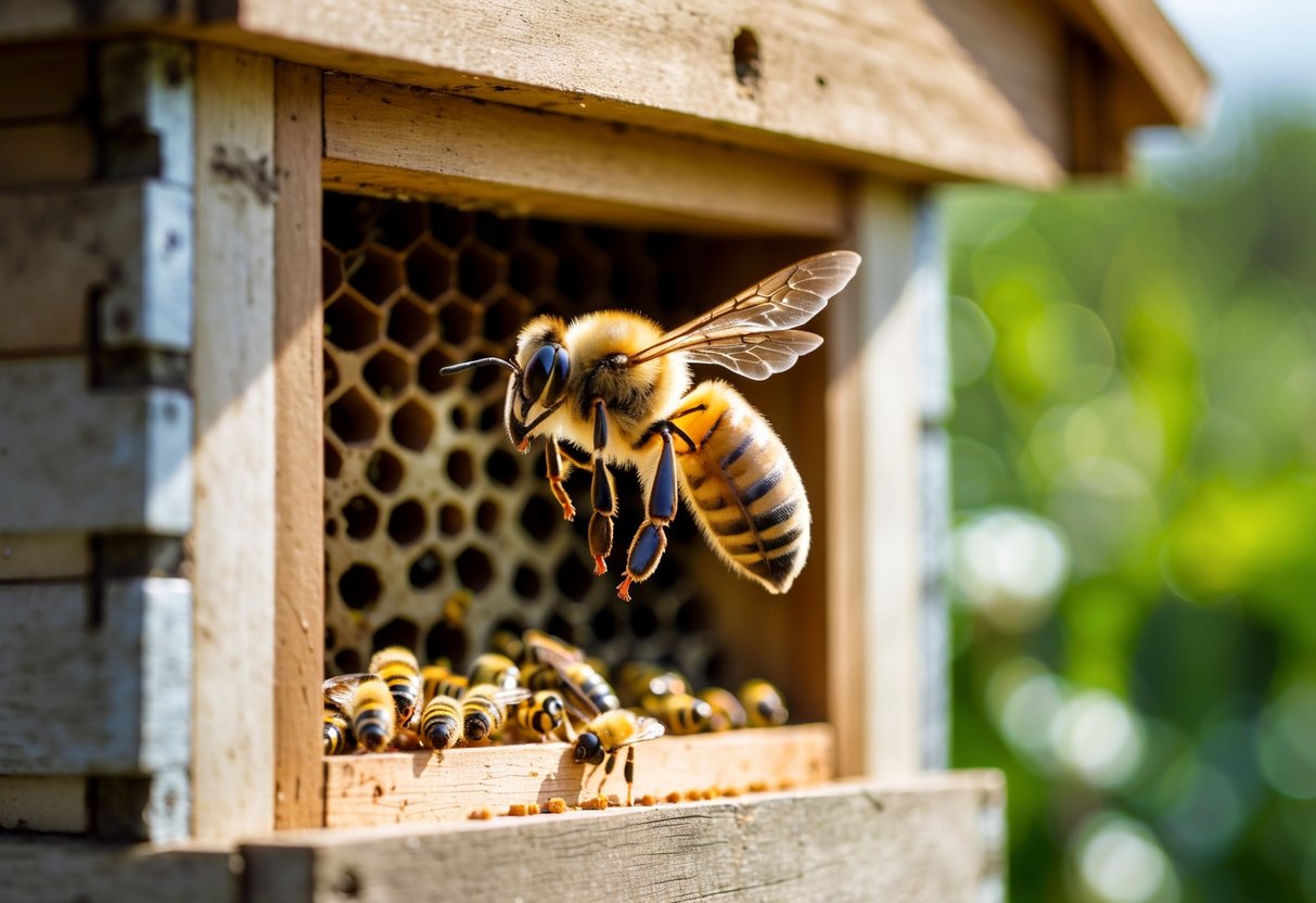 A male bee flying away from the entrance of a honeybee hive surrounded by green foliage.