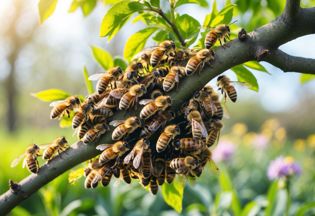 A cluster of honeybees swarming on a tree branch surrounded by green leaves in a garden.