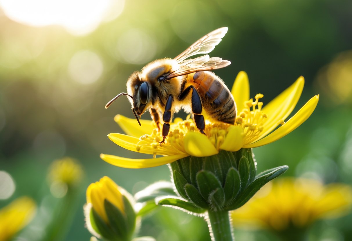 A close-up of a honeybee on a yellow flower in a sunlit garden with green foliage in the background.