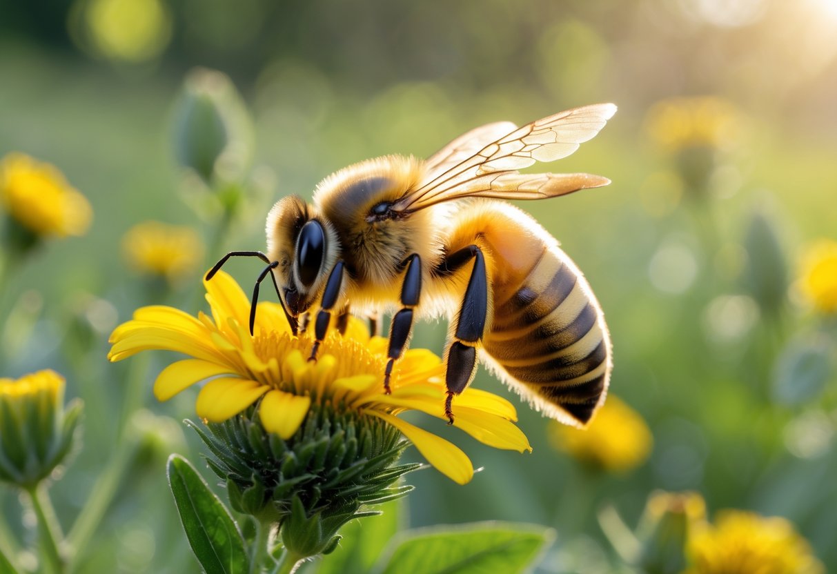 A close-up of a honeybee resting on a yellow flower in a sunlit meadow.