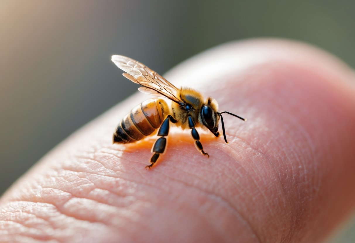Close-up of a honeybee stinger embedded in a person's finger with slight redness around it.