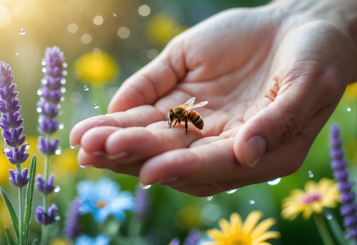 A hand gently holding a small bee with colorful flowers blurred in the background.