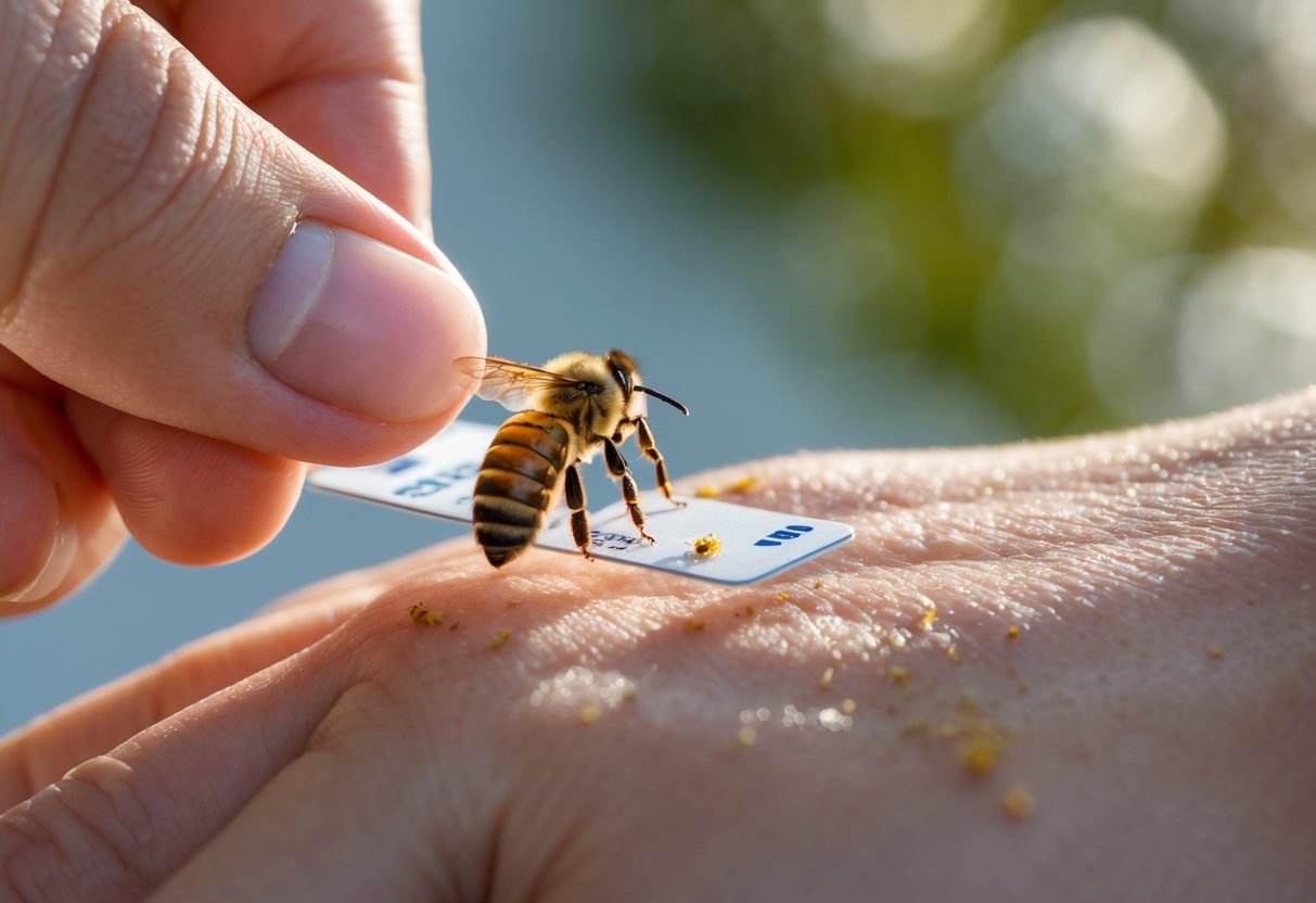 A person carefully removing a bee stinger from their hand using a fingernail outdoors.