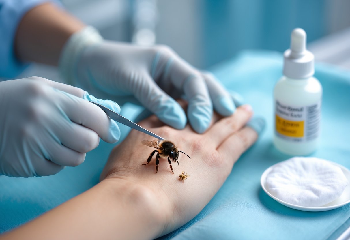 Close-up of hands carefully removing a bee stinger from a person's skin with tweezers in a clean healthcare setting.
