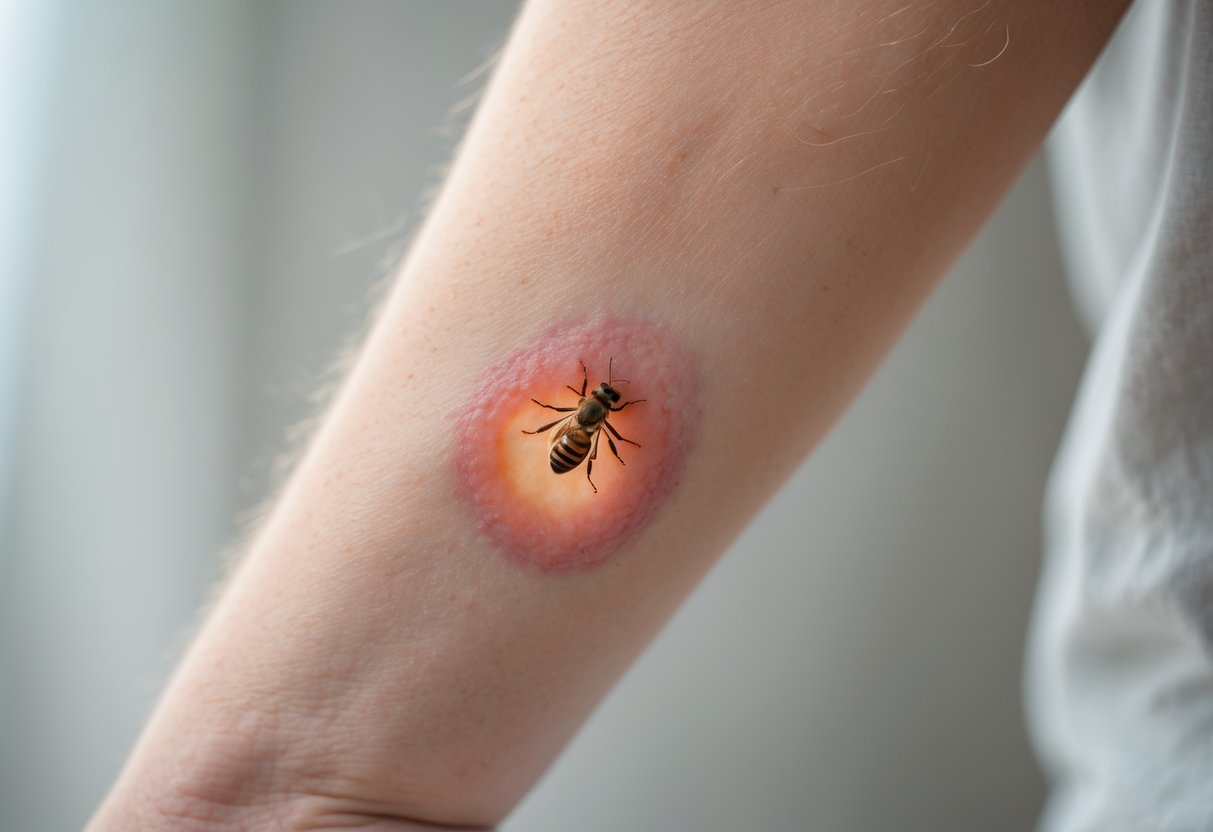 Close-up of a human forearm with redness and swelling from a bee sting infection.