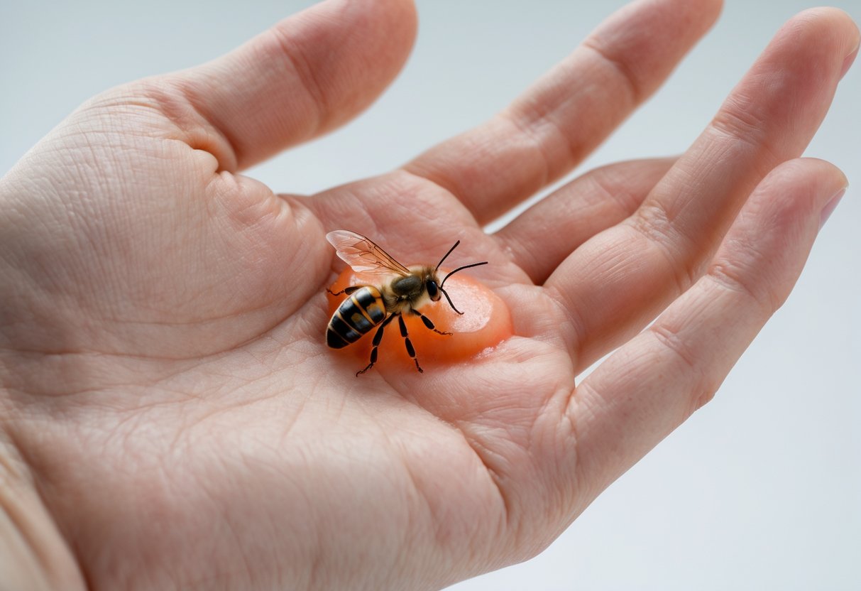 Close-up of a human hand with a swollen, red, and inflamed area around a bee sting showing signs of infection.
