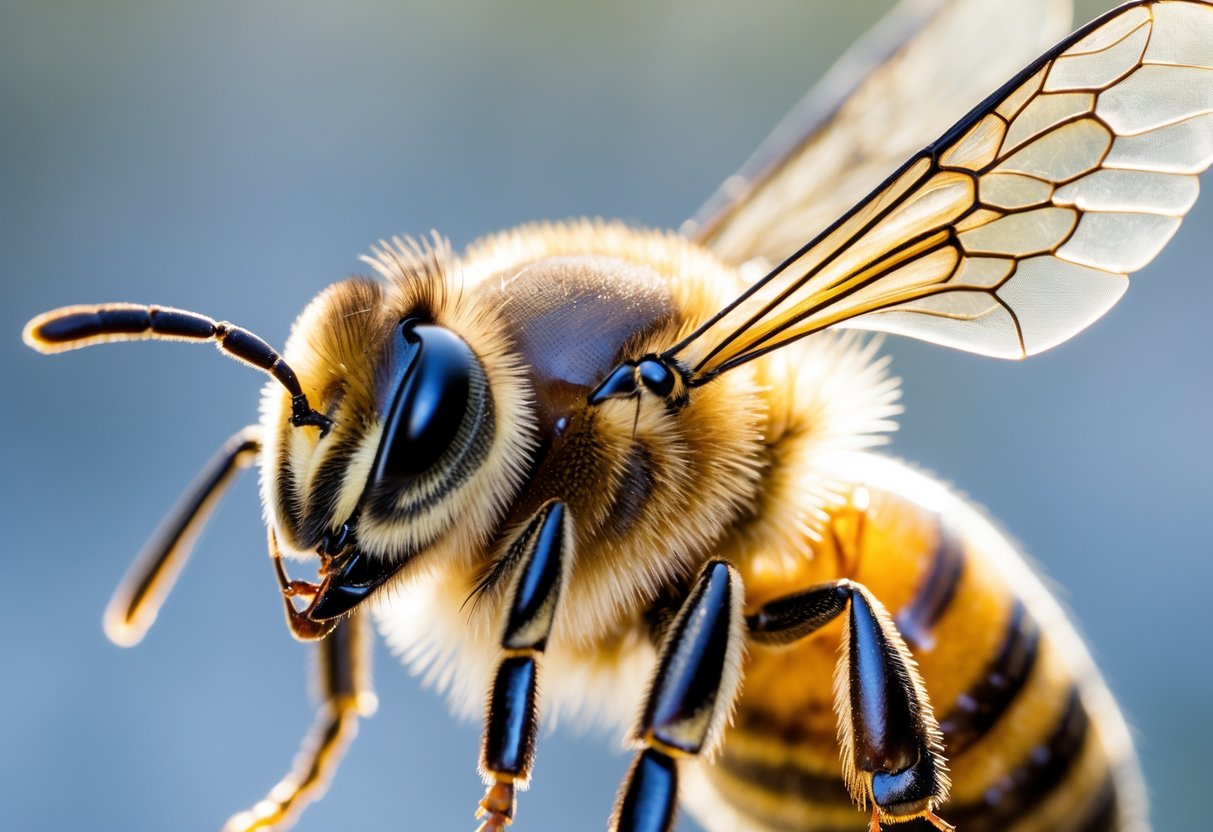 Close-up of a honeybee showing its sharp stinger at the end of its abdomen.