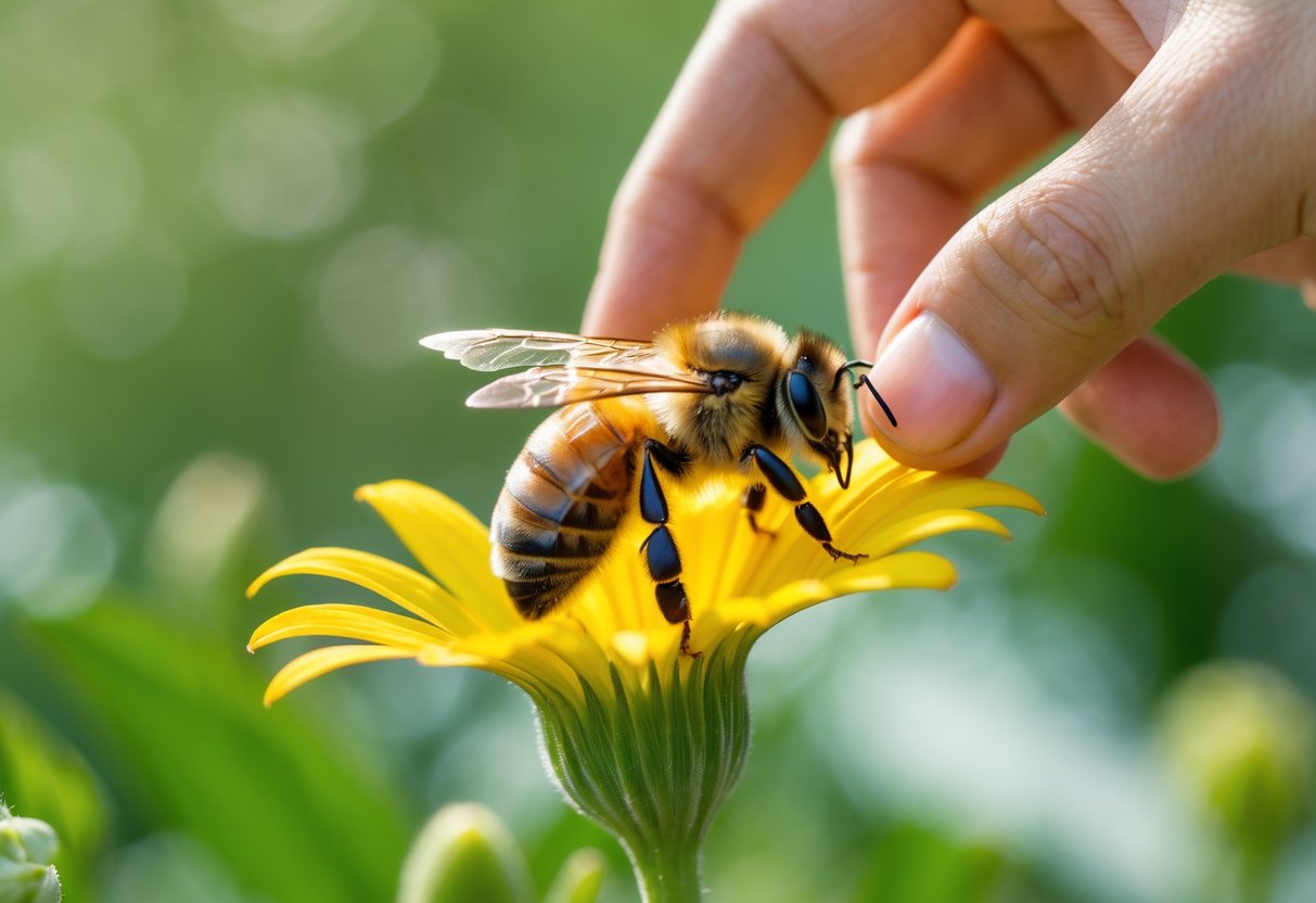 A honeybee resting on a yellow flower with a human hand gently approaching nearby.