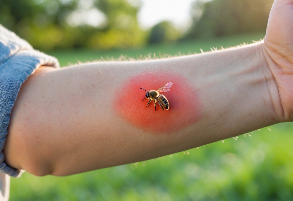 Close-up of a person's forearm showing red, swollen skin from a delayed reaction to a bee sting.