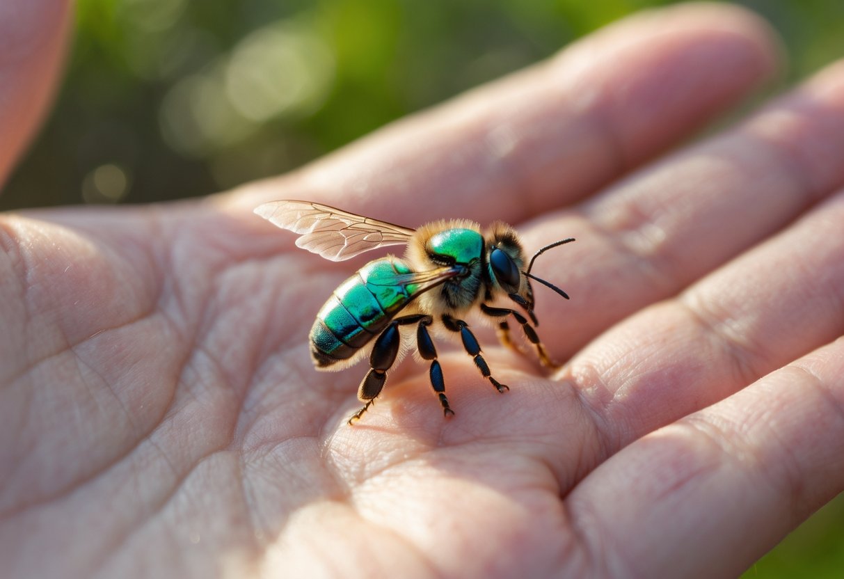 A person's hand gently holding a small sweat bee on their skin with a blurred green background.