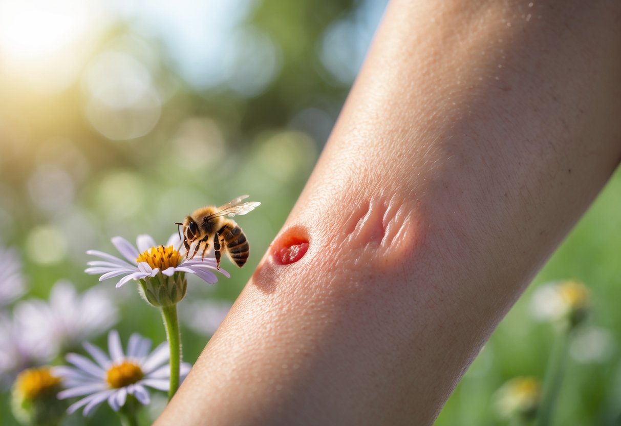 Close-up of a person's arm with a red, swollen bee sting mark and a honeybee on a flower in the background outdoors.