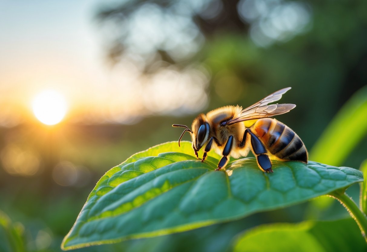 A honeybee resting quietly on a green leaf in a garden at dusk.
