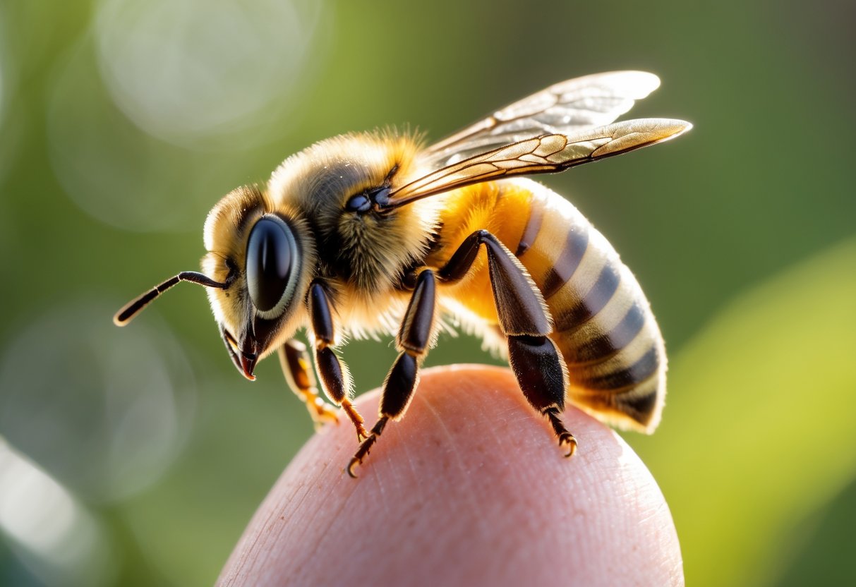 A honeybee resting on a person's fingertip with a blurred green background.