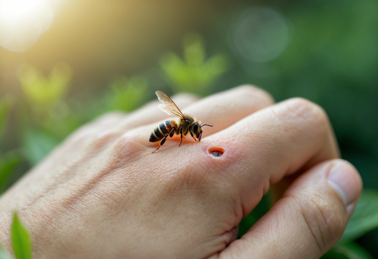 Close-up of a person's hand with a fresh bee sting showing slight redness and swelling.