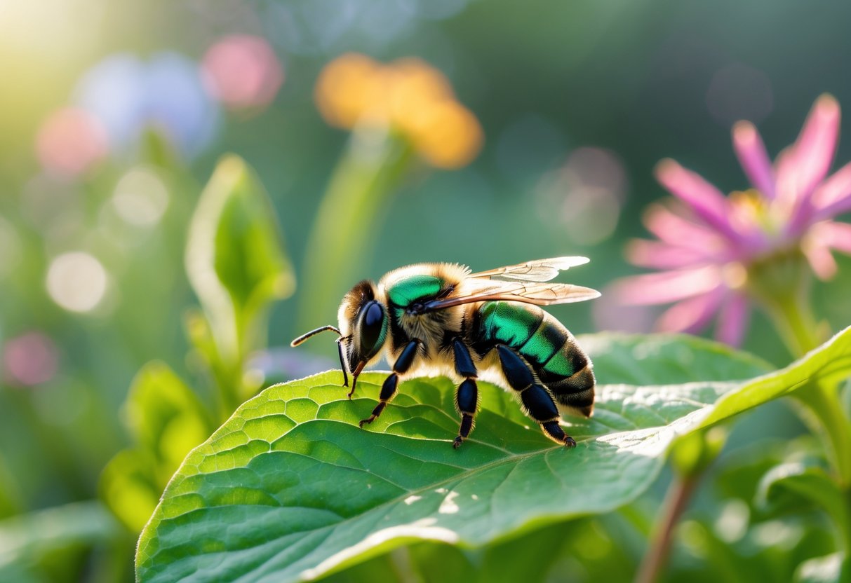 A sweat bee resting on a green leaf surrounded by colorful flowers in a garden.