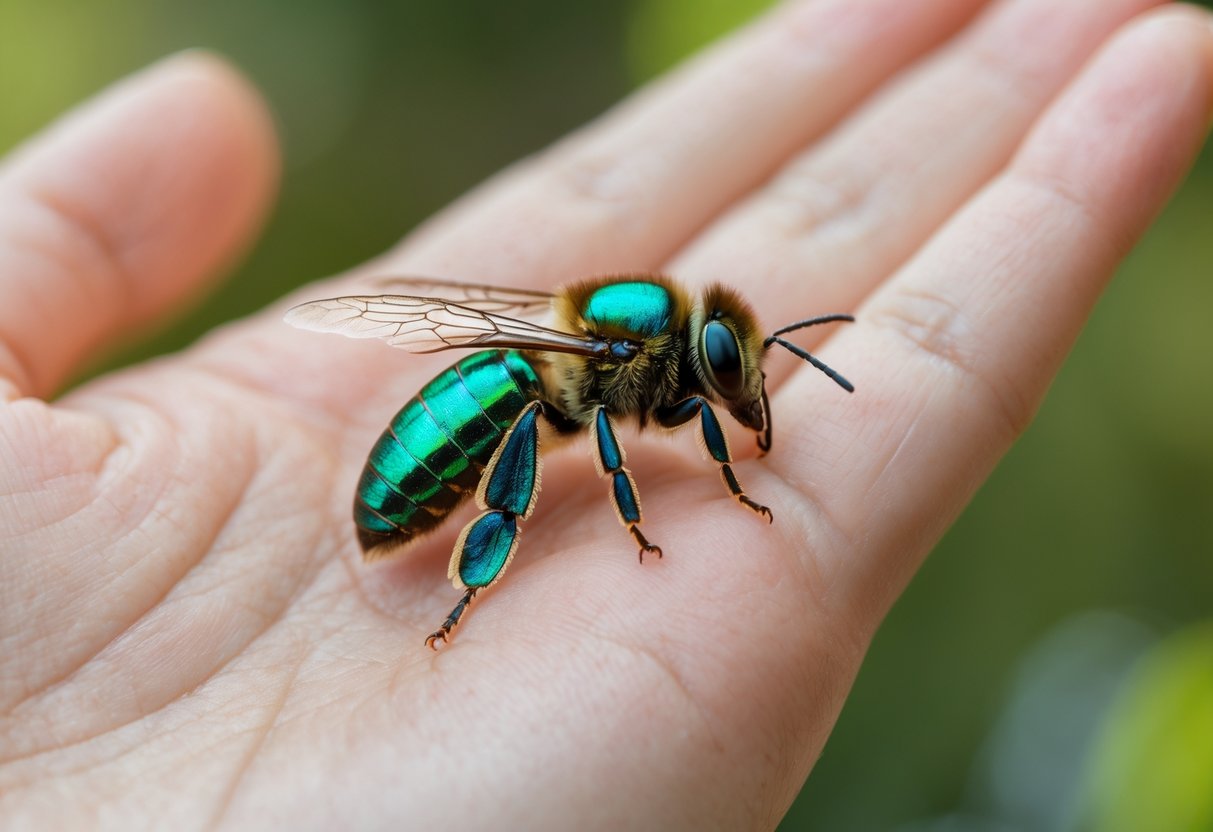 A sweat bee resting on a person's hand outdoors with green blurred background.