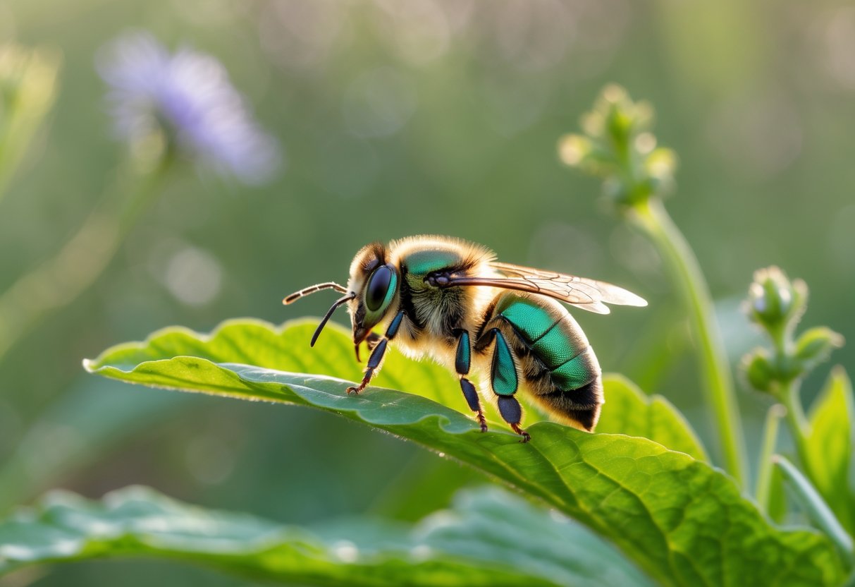 A close-up of a sweat bee resting on a green leaf with blurred wildflowers and plants in the background.