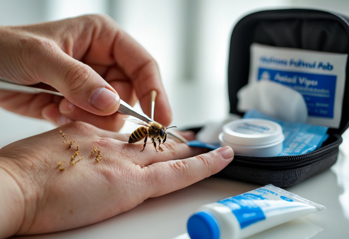 A person using tweezers to remove a bee stinger from their finger with a first aid kit nearby.