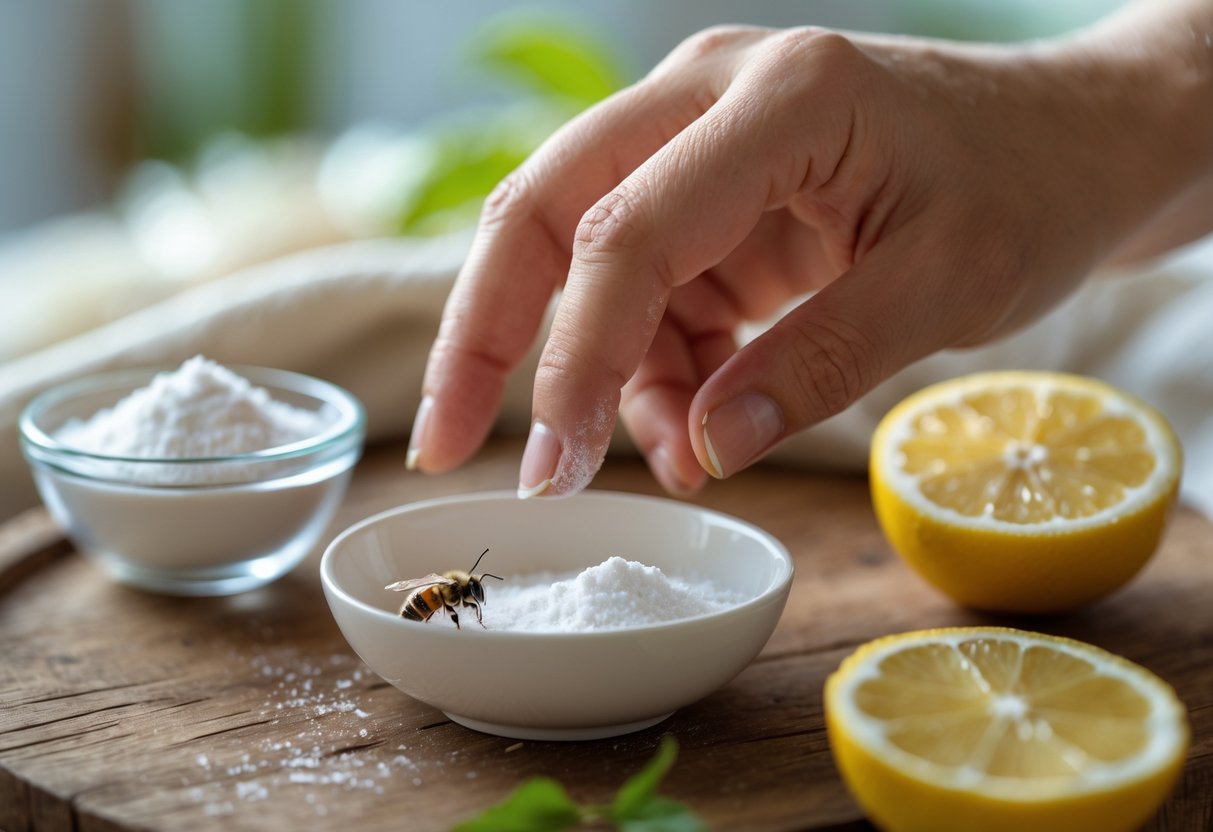 A person applying a natural remedy to a bee sting on their hand with baking soda and lemon nearby.