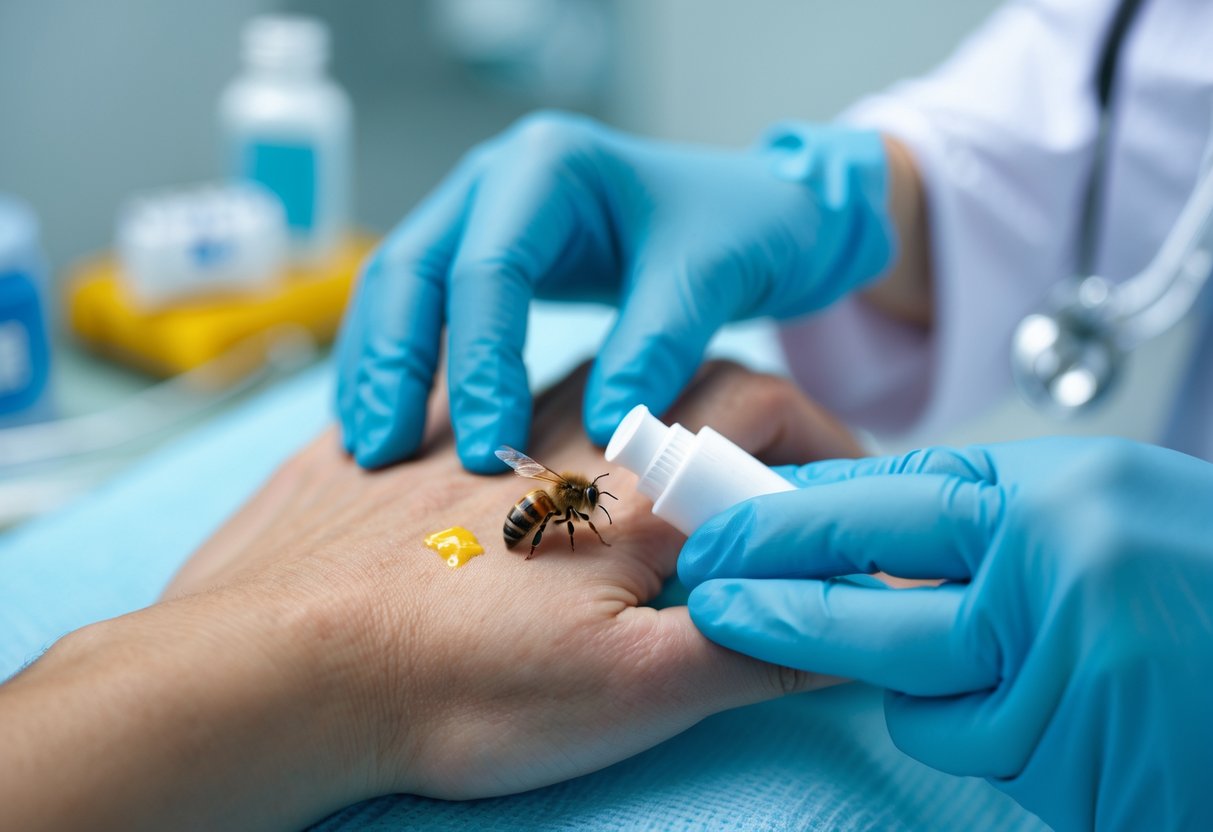 A close-up of a person's hand receiving treatment for a bee sting from a medical professional in a clinical setting.