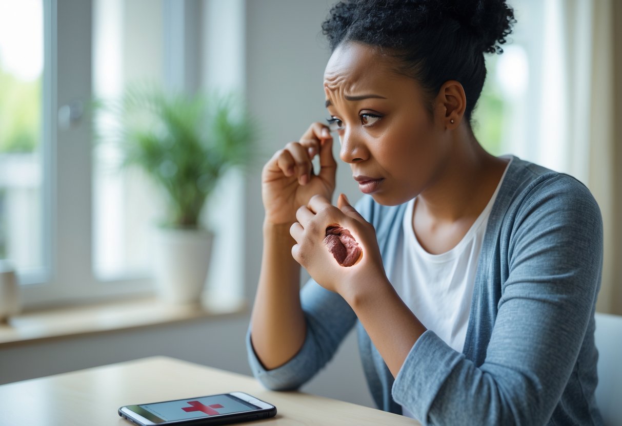 An adult examining a bite wound on their forearm with a worried expression while a smartphone showing a medical app lies on a nearby table.