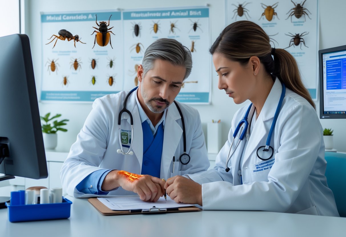 A doctor examining a patient's arm bite in a medical office while taking notes.