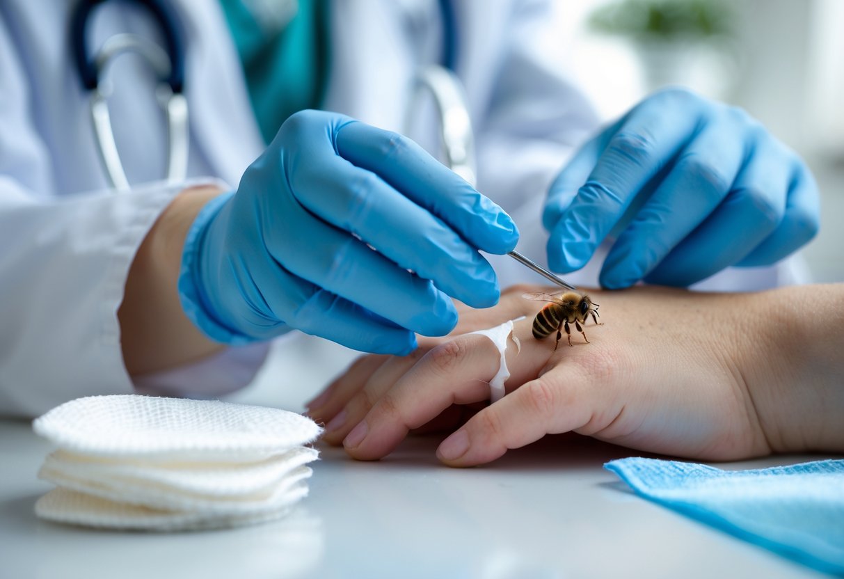 A healthcare professional removing a bee sting from a person's finger using tweezers.