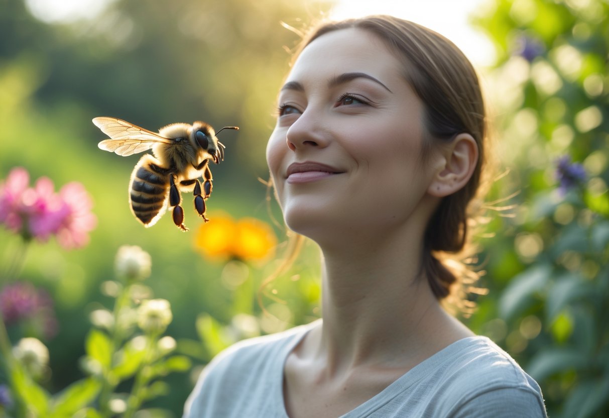 A person calmly standing outdoors with a bee flying near their face in a garden setting.