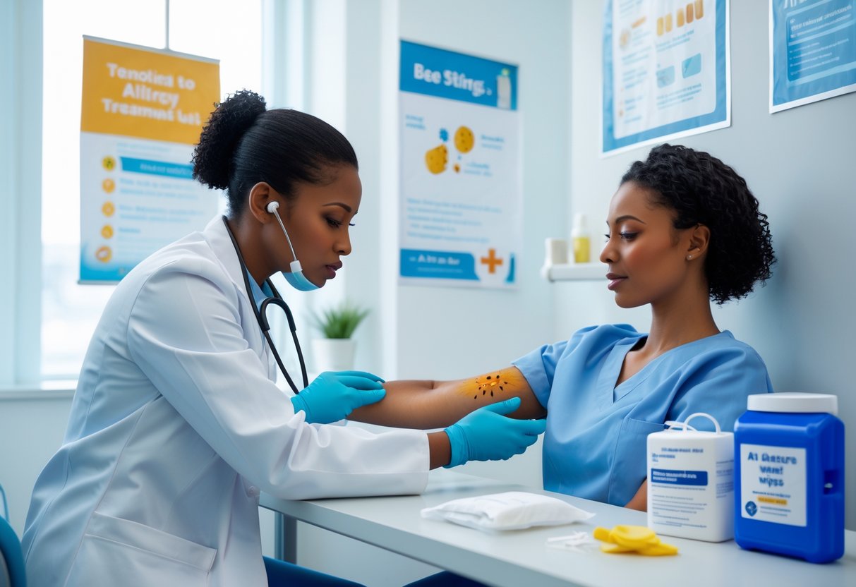 A healthcare professional examining a patient's arm with a visible bee sting in a bright clinic room with first aid supplies nearby.