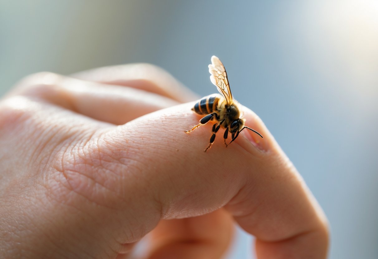 Close-up of a human hand with a bee stinger embedded in the fingertip and mild redness around the sting.