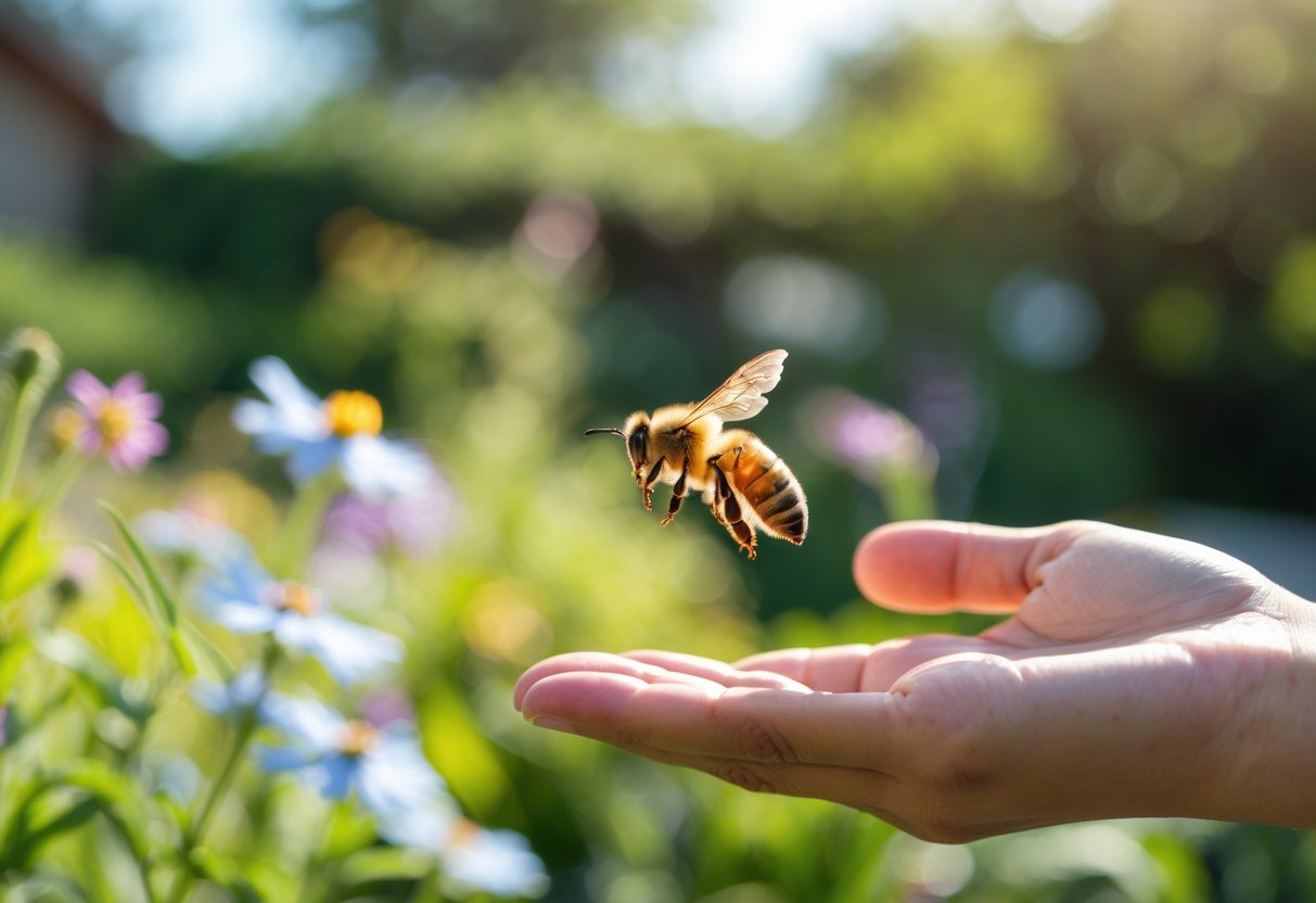 A honeybee hovering near a person's outstretched hand in a sunlit garden with flowers.