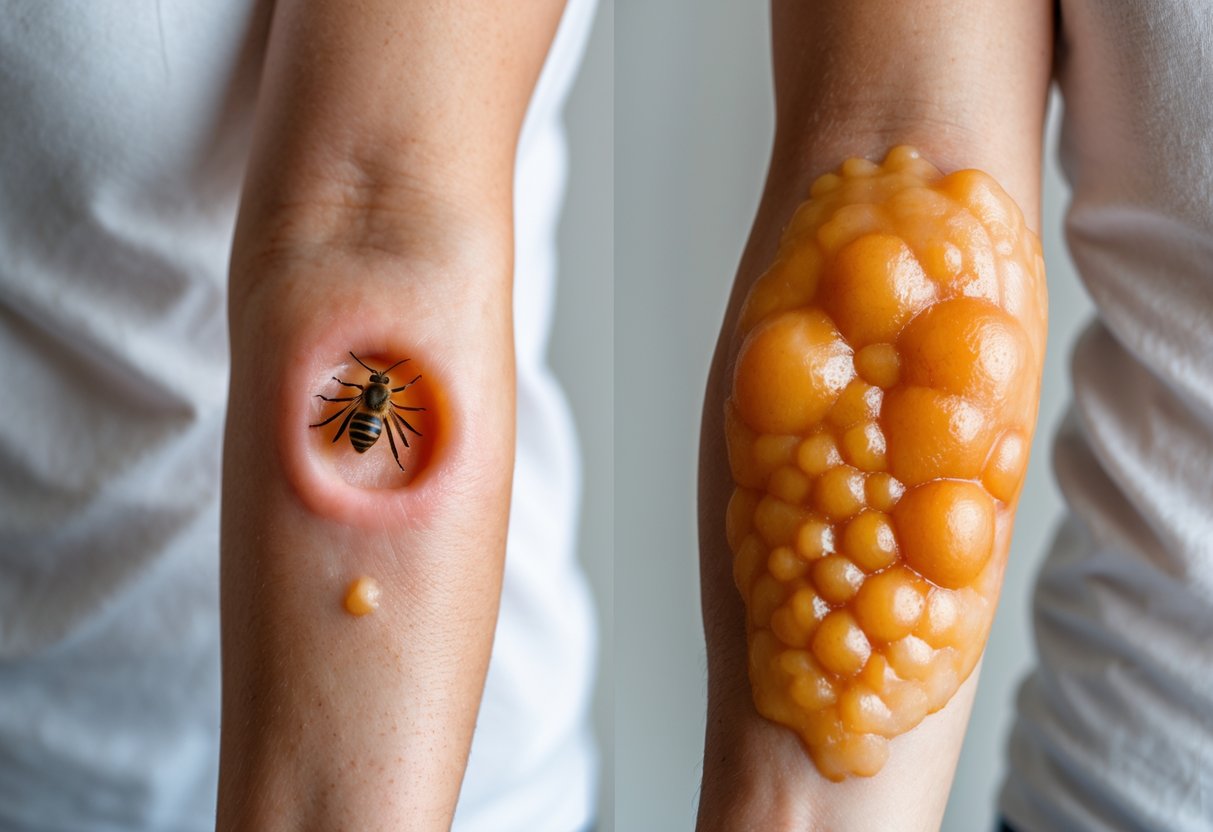 Two human arms side by side showing a small bee sting reaction on one and a large allergic reaction on the other.